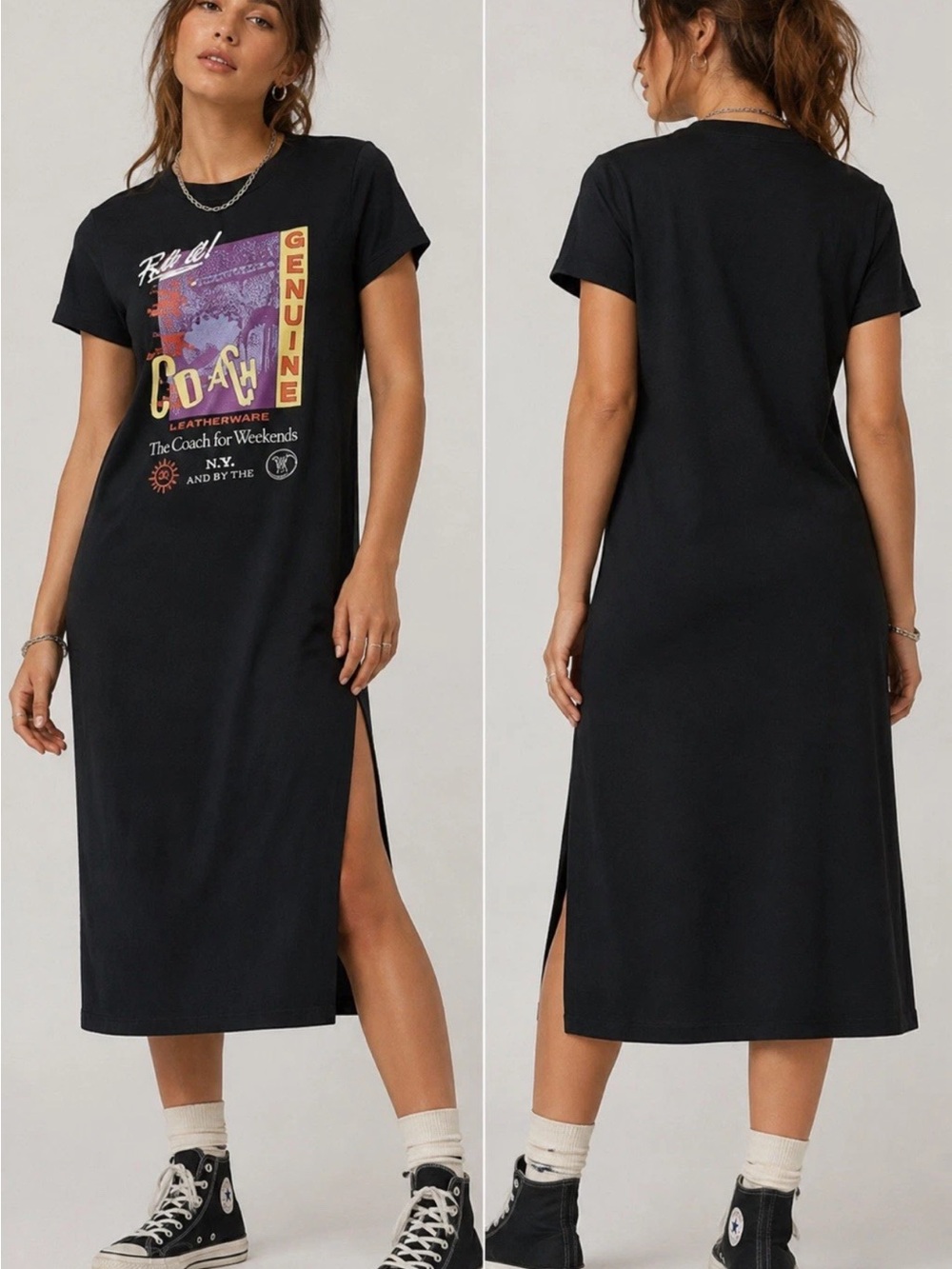Coach Black Graphic Midi Tee Dress with Multicolor Print